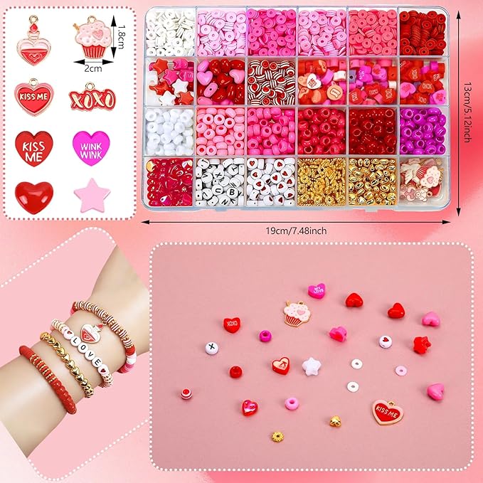 UPINS 2100Pcs Valentine’s Day Bracelets Beads Kit, Valentines Pink Red Beads for Jewelry Making, Assorted Polymer Clay Beads Heart Pony Candy Beads Letter Spacer Bead and Sweet Charms for Bracelet