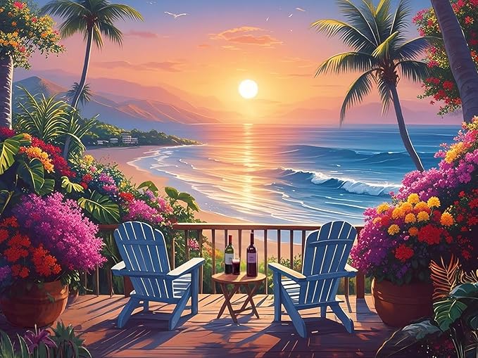 askkqtx Beach Sunset Diamond Art Kits for Adults, Coconut Tree Diamond Painting Kits for Beginners, DIY 5D Full Drill Crystal Flowers Diamond Dots Gem Art Craft Home Decor 16x12 Inch