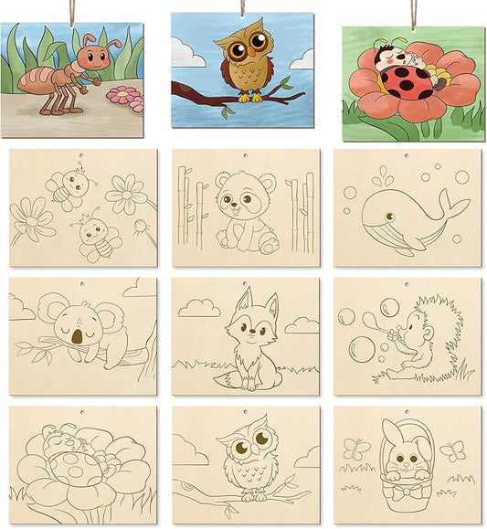COCHIE 10 Pieces Large Cute Animals Unfinished Wood Crafts to Paint for Adults, Bulk Predrilled Wooden Ornaments for Painting, Animal Paintable Wood Slices Craft Supplies with Ropes
