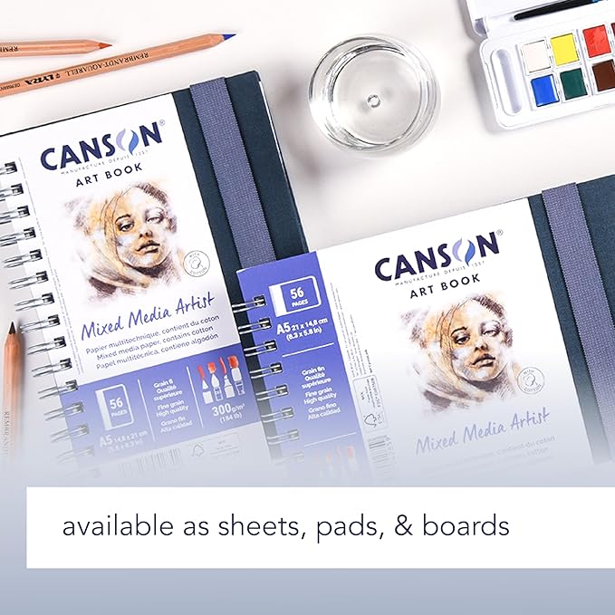 Canson Mix Media Art Book, Heavyweight French Paper, Double Sided Fine and Medium Texture, Side Wire Bound, 138 Pound, 9 x 12 Inch, 40 Sheets