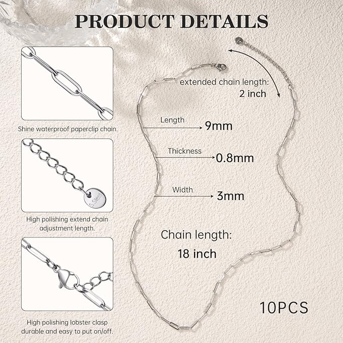GTVOODX 10Pcs Stainless Steel Paperclip Necklace Chains Bulk for Women 18 Inch Silver Charm Chains for DIY Jewelry Making Supplies