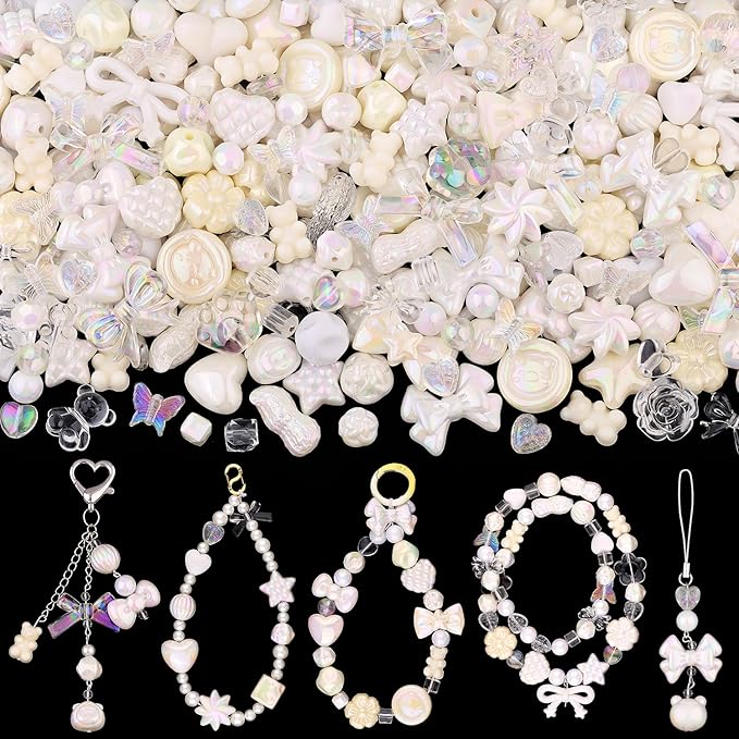 200-260pcs tinkrstuff assorted acrylic beads white cute beads for bracelet making, bow aesthetic gummybear flower candy butterfly kawaii charms for jewelry making diy necklace keychain phone charm