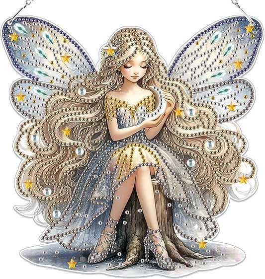 Bowetile Fairy Diamond Art Hanging Kits for Adults, 5D Special Shape Diamond Painting Pendant Kits, Animal Gem Art Suncatchers Painting Ornament for Home Garden Wall Decor