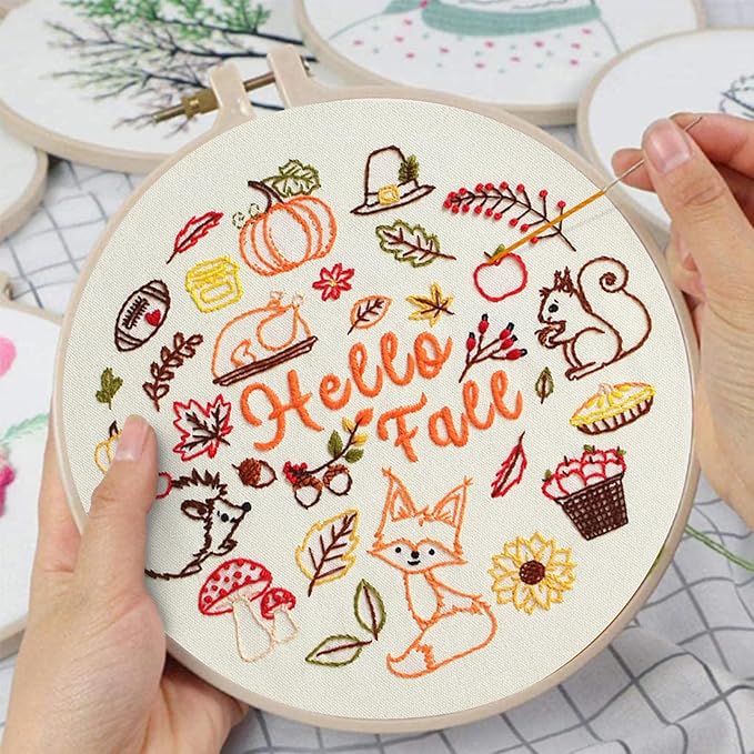Louise Maelys Fall Embroidery Kits for Beginners,Cross Stitch kit for Adults,DIY Needlepoint for Starters,Including Cloth with Autumn Pattern,Hoop,Instruction and Threads