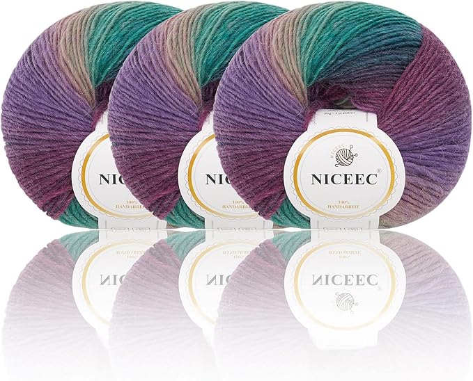 NICEEC 3 Skeins 100% Wool Rainbow Yarn Soft Gradient, Self-Striping, Colorful Single Ply Yarn for Crochet & Knitting - 5#