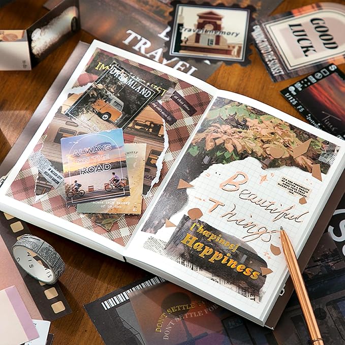 Travel Scrapbooking Supplies Kit, Holiday Aesthetic Vintage Scrapbook Kit for Bullet Junk Journal A6 Grid Notebook Stationary Journaling Supplies DIY Craft Birthday Gifts for Women Kid Teen Girl