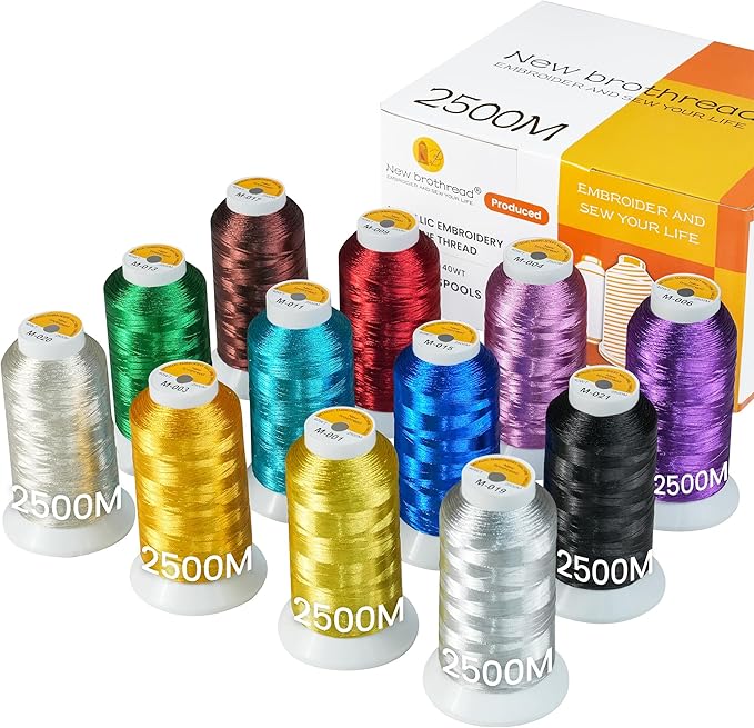 New brothread 12 Assorted Colors Metallic Embroidery Machine Thread Kit 2500M (2735Y) Each Spool for Commercial and Domestic Embroidery Machines