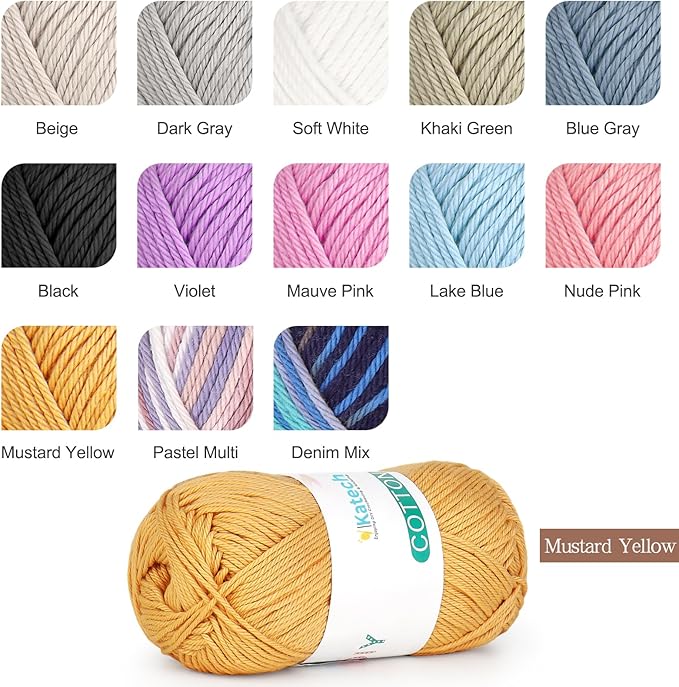 Katech Pure Cotton Yarn for Crocheting & Knitting–Soft Sport Weight CYC #2, 6 Skeins (50g each, 300g total), Ideal Crochet Yarn for Dishcloths, Baby Clothes, Socks, Lightweight Scarves(Mustard Yellow)