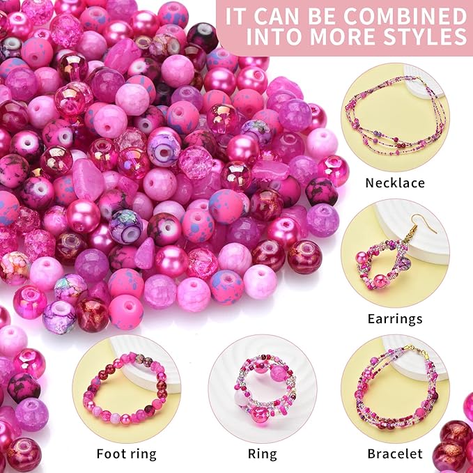 Rired 27 8mm Round Glass Beads Kit, Craft Beads for Bracelet Making, Hot Pink Color with 4mm Bicone Crystal Beads, 2-4mm Spacer Seed Beads for Jewelry Making, Necklace, Phone Charms, DIY Earrings