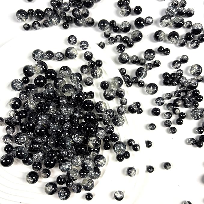Glass Beads for Jewelry Making, 315Pcs Crackle Round 6/8/10mm Crystal Beads for Bracelet Craft Necklace Earring Making Wine Charms Wind Chimes, Black Color