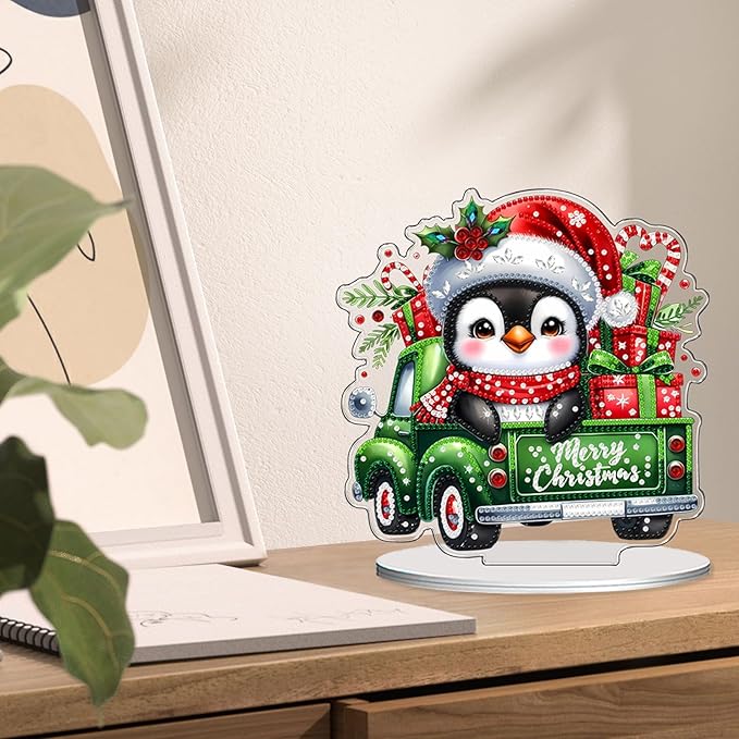 VODAPYC Christmas Penguin Diamond Art Tabletop Painting Kit, DIY Stand Up Double Sided Special Shaped Gnome Diamond Painting Desktop Ornament(Christmas Penguins Truck)