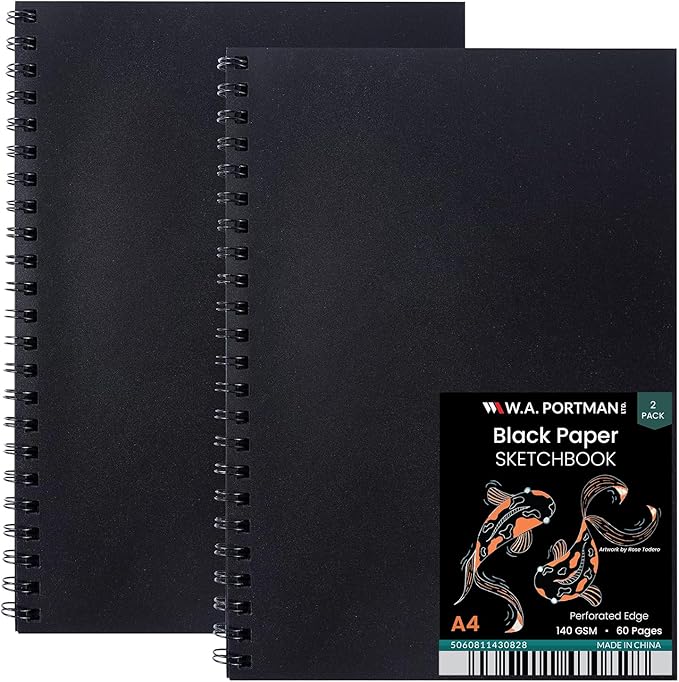 wa portman black paper sketchbook 2-pack a4 (8.3" x 11.7") – 140 gsm acid-free black book marker paper – 60 pages (30 sheets) spiral scrapbook journal – mixed media sketch pad for kids & adults