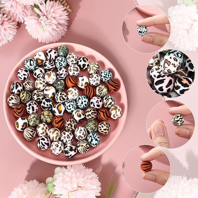 Ferreve 60 Pcs 15mm Silicone Beads Bulk Leopard Print Round Focal Beads Rubber DIY Silicone Loose Bead for Bracelet Making Kit for Keychain Pens Necklace Bracelets Jewelry Making