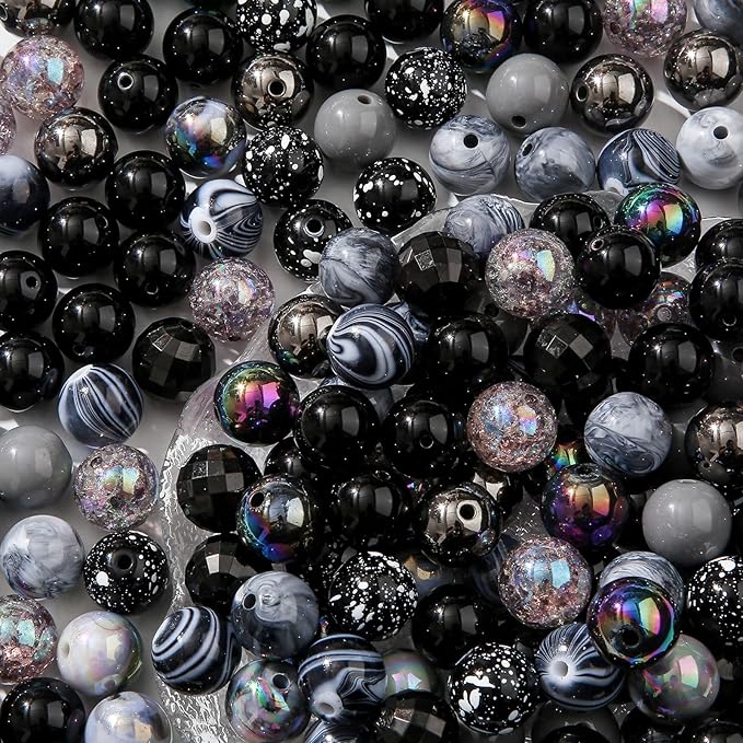 16mm Acrylic Bead 100pcs Black Focal Spacer Bead Chunk Bubblegum Beads for DIY Crafting Necklace Bracelet Jewelry Making Keychain (Black)
