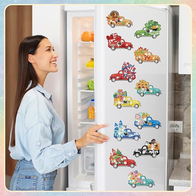 Frienda 12 Pcs Diamond Art Magnets Refrigerator Seasonal Diamond Painting Magnets Holiday Truck Easy Kits Interchangeable for Adults Beginners DIY Truck Home Decors Gifts Craft