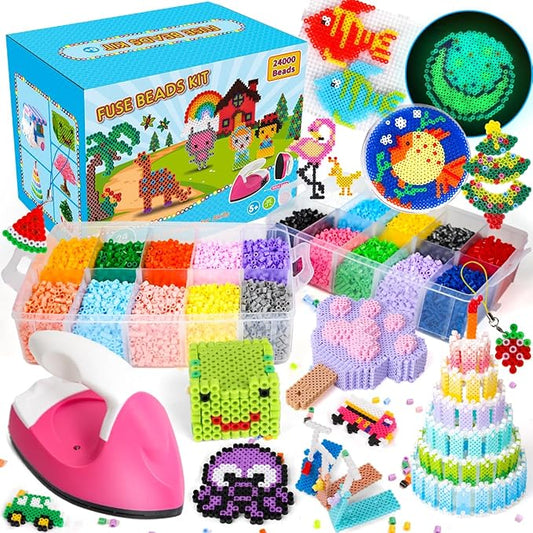 meland fuse beads with mini iron - 24,000pcs beads for crafts for girls age 3-12 year old, 24 color 5mm melty bead set, art & craft kit for girls gift idea for birthday christmas