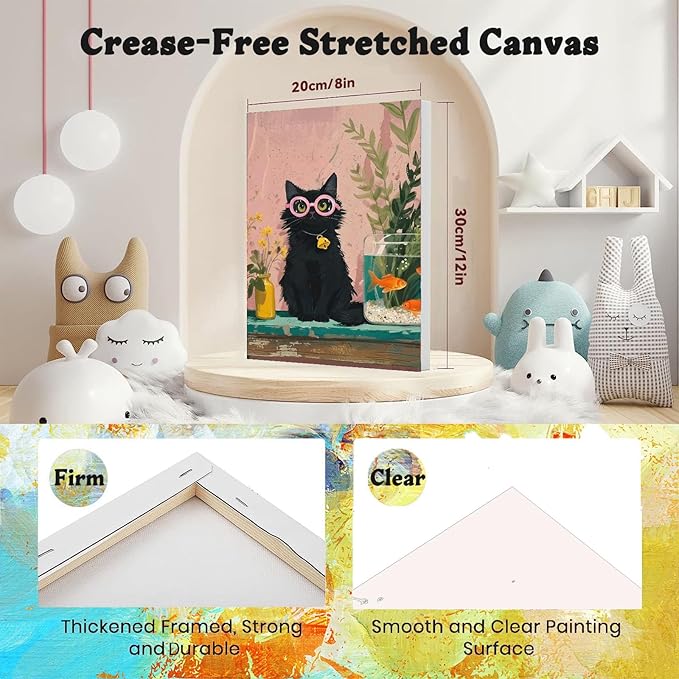 xackcme 4 Pack Paint by Numbers for Adults with Framed Canvas - with Wooden Easel, Cat Paint by Number on Canvas, DIY Black Cat Acrylic Oil Painting Kits with Brushes for Home Wall Decor (8x12 inch)
