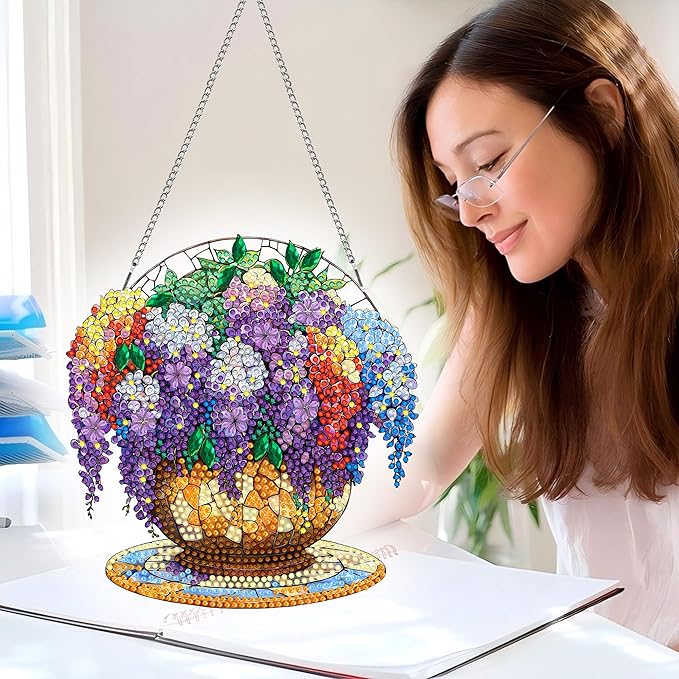 Pavemlo Hanging Diamond Art Kits for Adults Purple Flower – 8x8 Inch Double-Sided Acrylic Board DIY Crystal Diamond Suncatcher Pendant, Sparkling Home Wall or Window Decoration Handmade Gift