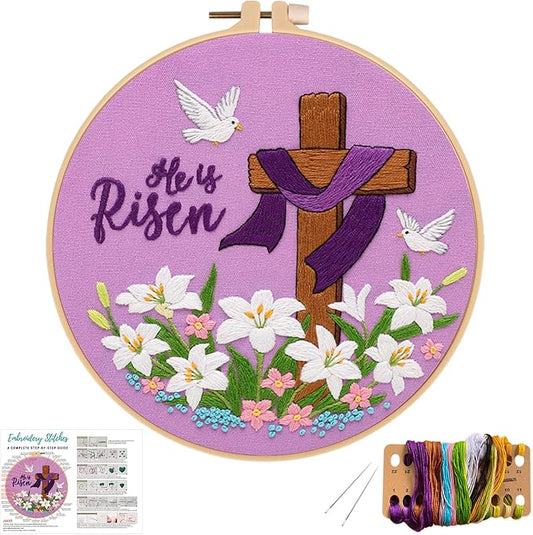 Nuberlic Lily Pattern Embroidery Kits for Beginner Adults, Cross Stitch Starter Kit with Embroidery Hoop Needles Threads Instruction -Easter Jesus