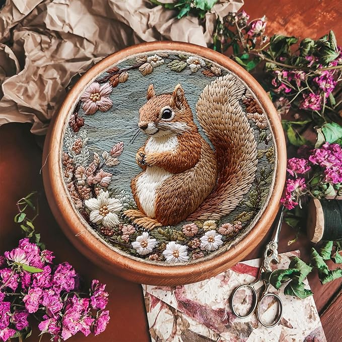 FONNUY Funny Squirrel Floral Embroidery Kit, Cross Stitch Kits for Beginners, Handmade Crafts with Printed Patterns for Beginner Adults, Easy to Follow Color Thread Needlework, 8'' Hoop (Happy)