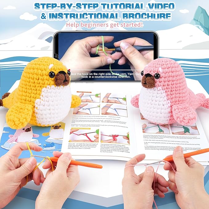 fortuning's jds crochet kit for beginners - seal crochet kits with step-by-step video tutorials, beginner crochet kit for adults, crochet animal kit, 2 pcs seals with a fish crocheting set