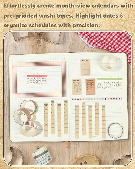 EORTA 10 Rolls Retro Calendar Washi Tapes, 5 Sizes Self-Adhesive Decorative Sticker for Daily Weekly Monthly Planner, Scrapbook, Journal & Bible Journaling, Dotted/Striped Craft Gift Wrap Tape