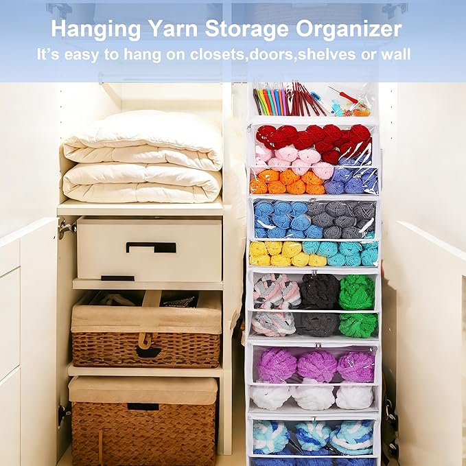 Hanging Yarn Storage Organizer, Large Capacity Knitting Organizer Storage with 6 Zipper Closure Compartments, Over the Door Hanging Yarn Holder for Knitting Needles Crochet Kit Crochet Hooks