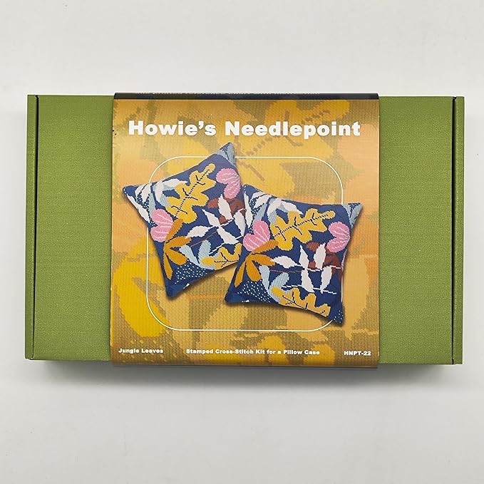 Howie's Needlepoint Needlepoint Kits for Adults, Pillow Front Cross Stitch Kit with Embroidery Pattern on Canvas, Yarn, 2 Needles and Instruction, 16 x 16inch(Jungle Leaves)