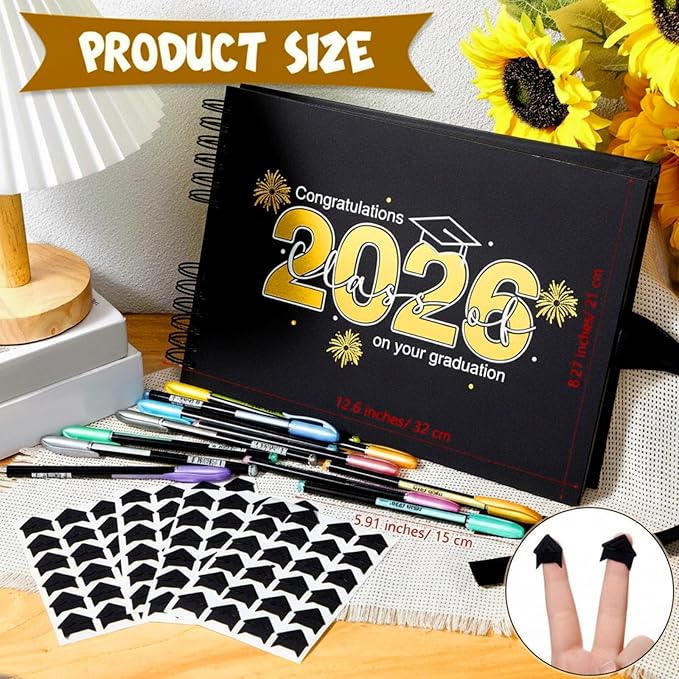 80 Pages Graduation Scrapbook Kit 11 x 8 Inch Photo Album of 2026 Graduation Decoration with 12 Metal Pens and 4 Sheets Stickers for DIY School Congrats Grad Memory Book to Sign(Black)