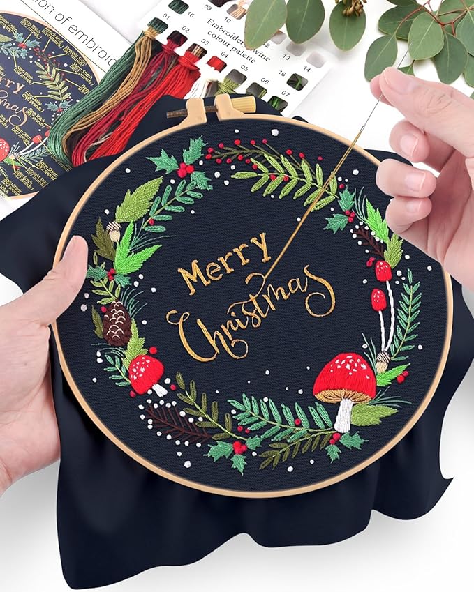 ERKOON Christmas Embroidery Kit for Beginners, Cross Stitch Set for Include Embroidery Cloth Hoops Threads for Craft Lover Hand Stitch with Embroidery Skill Techniques (Christmas Wreaths)