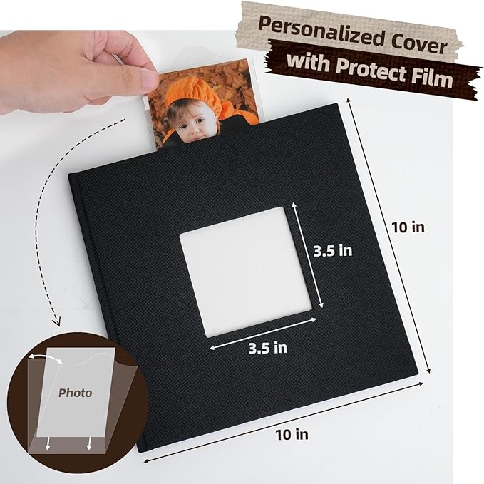 Scrapbook Album, 10"x10" DIY Photo Album with Square Window Linen Cover Kraft Paper 32 Sheets, Stylish Memory Book for Wedding, Anniversary, Family, Travel, Black