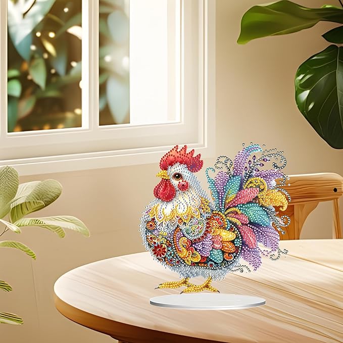 JJFox DIY Tabletop Diamond Art Painting Kit，Special Shaped Rhinestone Desk Placement Ornament，Home Stand Up Gem Painting Craft Kit，Gift，Double Sided. (Rooster-1)