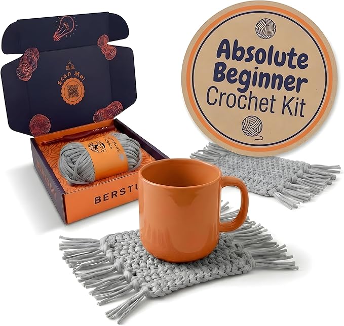 Berstuk Level 1 Absolute Beginner Crochet Kit for Adults - Crochet Starter Kit Beginner for Adults - Learn to Crochet with Expert Video Tutorials - Perfect DIY Gift