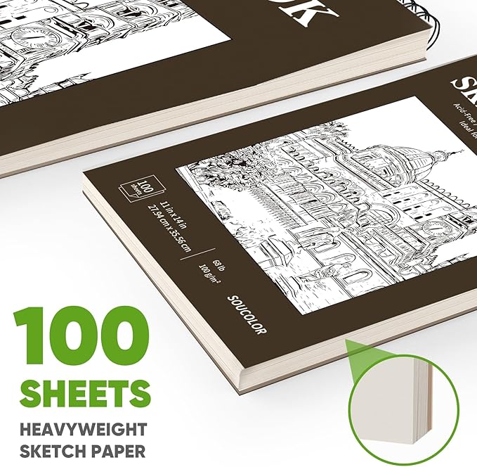 soucolor 11" x 14" large sketchbook, 100 sheets 68lb/100gsm top spiral bound large sketch pad, acid free big sketch paper for drawing, illustration, art class