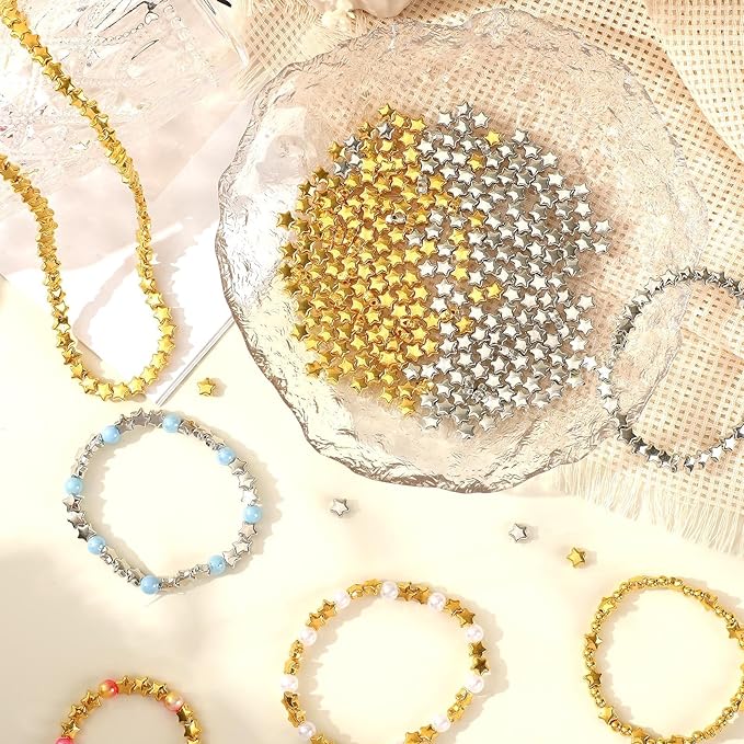 Augshy 700Pcs Star Spacer Beads - 6mm Silver & Gold for Crafts, Jewelry Making, Birthday Party, Friendship & Hair Beads