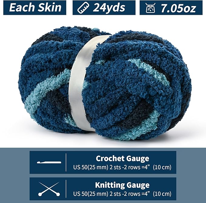 10 Pack Jumbo Chunky Yarn for Hand Knitting, Fluffy Chunky Chenille Yarn for Crocheting, Variegated Chunky Knit Baby Blanket Yarn, 240 yds /70.5 oz Super Bulky Yarn（Tie Dye Blue）