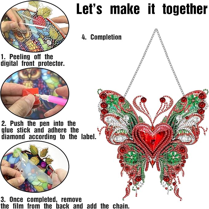 LOMSIOY Diamond Art Hanging Kit for Adult, Butterfly Front Door Sign Window Hanging for Outdoor, Animal Double Sided Summer Decor Suncatcers for Porch, Pendants for Garden Wall （8x8 Inch