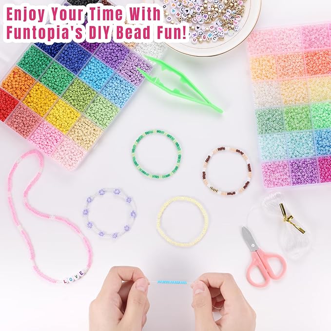 Funtopia 34000pcs+ 3mm Seed Beads for Jewelry Making, 5 Types 120 Colors Small Glass Beads for Bracelets, Friendship Bracelet Kit with Alphabet Letter Beads Smile Face Beads for DIY, Art and Craft