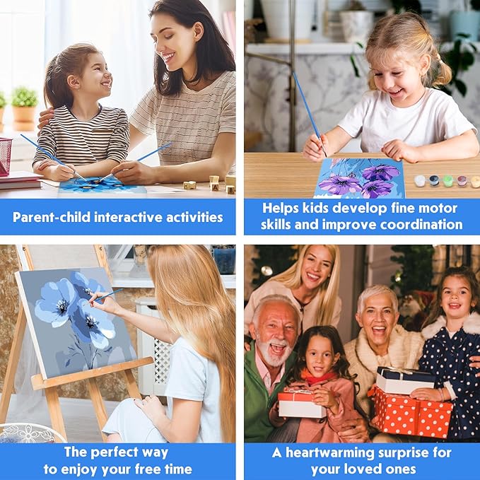 NEWENMO 4 Pack Paint by Numbers for Adults with Wooden Framed, Blue Flowers, Paint by Number Kits on Canvas for Beginner, DIY Acrylic Oil Painting Kits for Home Decor 8x8 inch, Beautiful Flowers