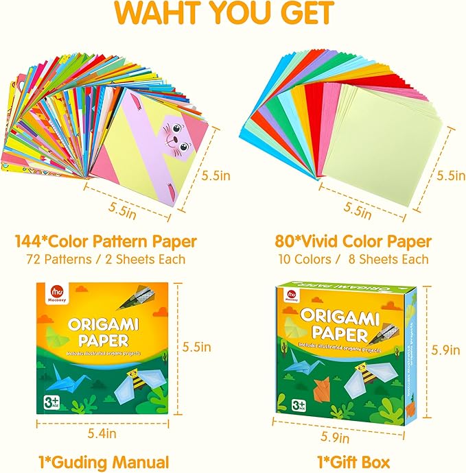 Mocoosy 224 Sheets Origami Paper Kit for Kids Ages 5-8 8-12, Folding Paper Set with Origami Book, Art Craft Supplies Boys Girls 9-12, Travel Game Car Road Trip Activities Easter Basket Stuffer Gifts
