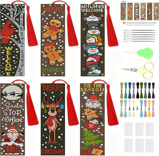 NEGEKFKX 6 Pcs Christmas Cross Stitch Bookmark Kit for Adult Beginners,Cross Stitch Kits 14 CT DIY Crossstitch Kits Adult Stamped Bookmark Embroidery Bookmarks Kit