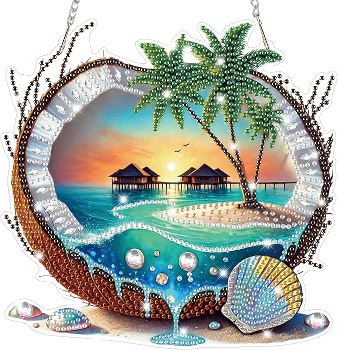 Bowetile Coconut Diamond Art Hanging Kits for Adults, Summer Diamond Art Suncatchers Beach, 5D Special Shape Diamond Painting Pendant Window Ornament Gifts for Home Wall Garden Decor