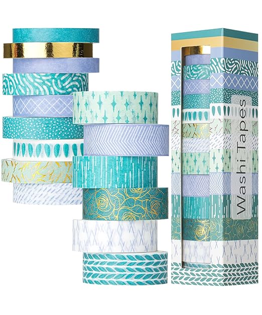 Mr. Pen- Washi Tape Set, 15 Rolls, 5 Yards/Roll, Ocean Breez Design, Gold Foil Washi Tape for Journaling, (6 x 15mm, 6 x 10mm & 3 x 7mm Wide)