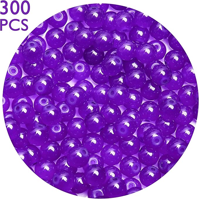 300PCs 6mm Deep Purple Jade Glass Beads Bulk, Round Smooth Hole Glass Crystal Beads for Jewelry Making, DIY Bracelets, Necklaces, Bag Charms, Keychains and Craft Projects