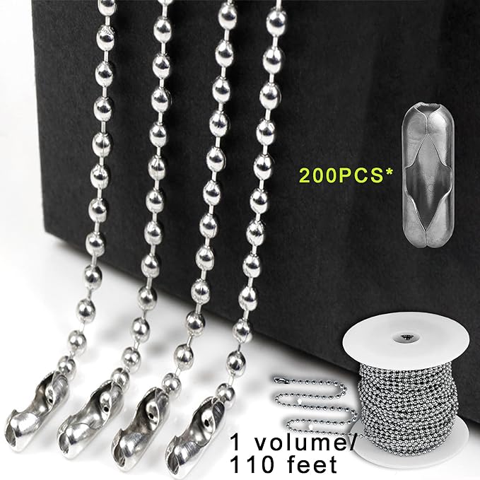 2.0mm Ball Bead Chain, Extra Long 110ft Stainless Steel Necklace Chains,Dog Tag Chain with 200 Connectors Clasps for Jewelry Chain DIY Craft Making,Men Military Keychain Jewelry Making Supplies