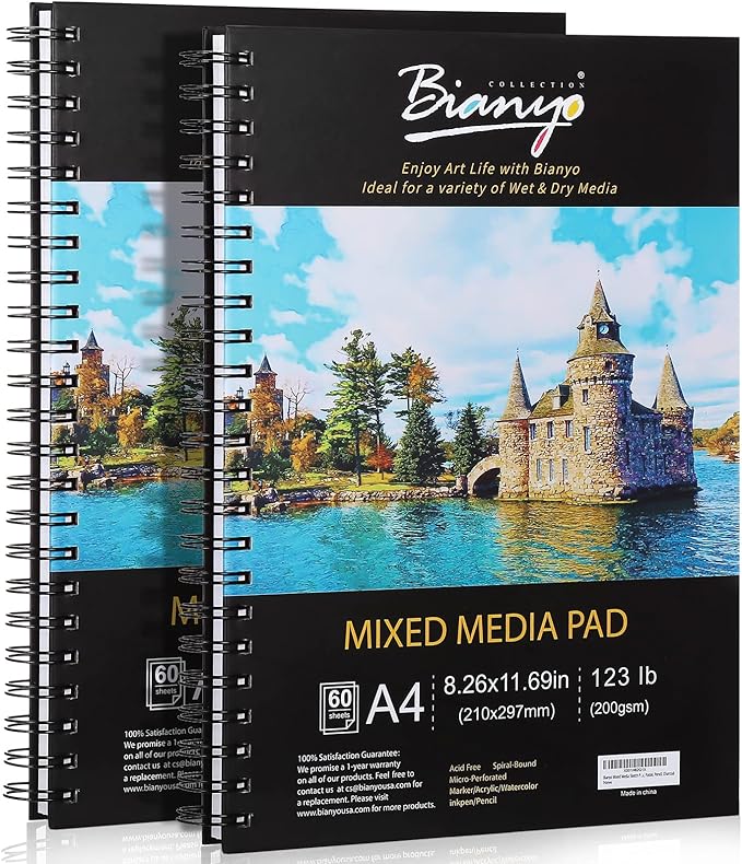 bianyo mixed media paper sketchbook, a4 (8.26" x 11.69"), 60 sheets/each, 123 lb/200 gsm, pack of 2 pads, spiral-bound pad, ideal for wet & dry media like marker, watercolor, acrylic, pastel, pencil