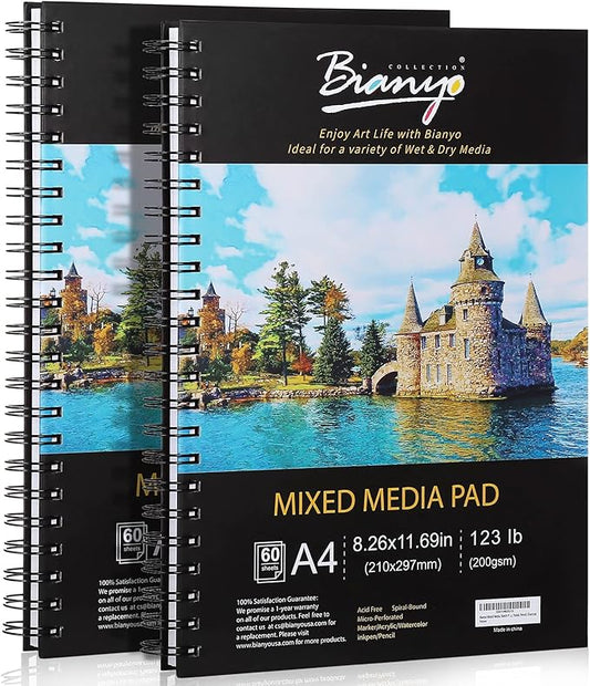 bianyo mixed media paper sketchbook, a4 (8.26" x 11.69"), 60 sheets/each, 123 lb/200 gsm, pack of 2 pads, spiral-bound pad, ideal for wet & dry media like marker, watercolor, acrylic, pastel, pencil