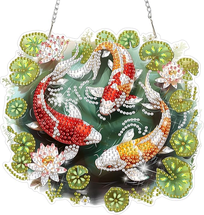 DOMROM Goldfish Diamond Art Hanging Kits for Adults, Special Shaped Crystal Diamond Painting Goldfish Pendant, DIY Diamond Art Suncatchers Animal for Home Garden Wall Decor Gift