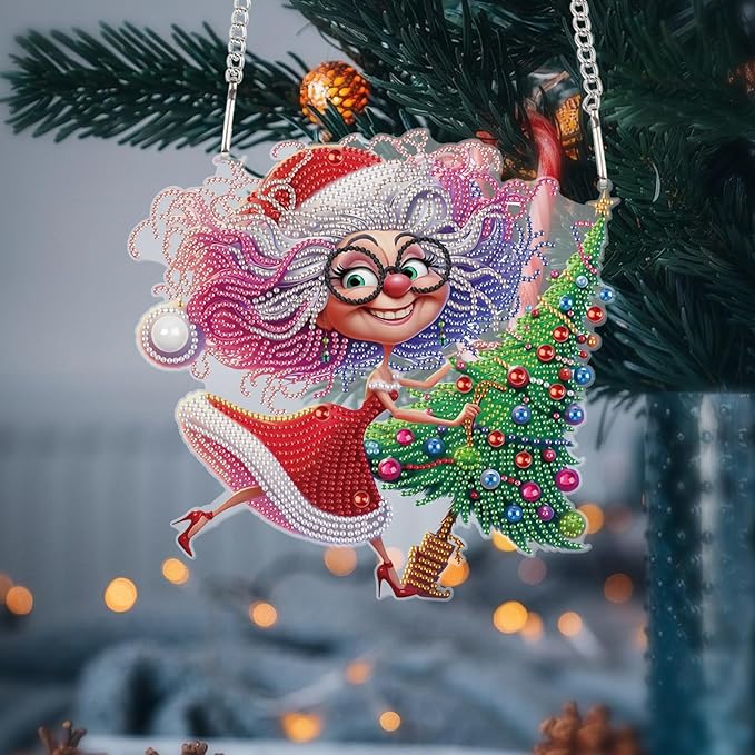 Christmas Diamond Art Pendant Kit, 5D DIY Hanging Diamond Painting for Adults, Santa Claus and Grandma with Christmas Tree, Crystal Ornament for Wall, Window, Door, Home Decor & Gift, 24.1x23.1 cm