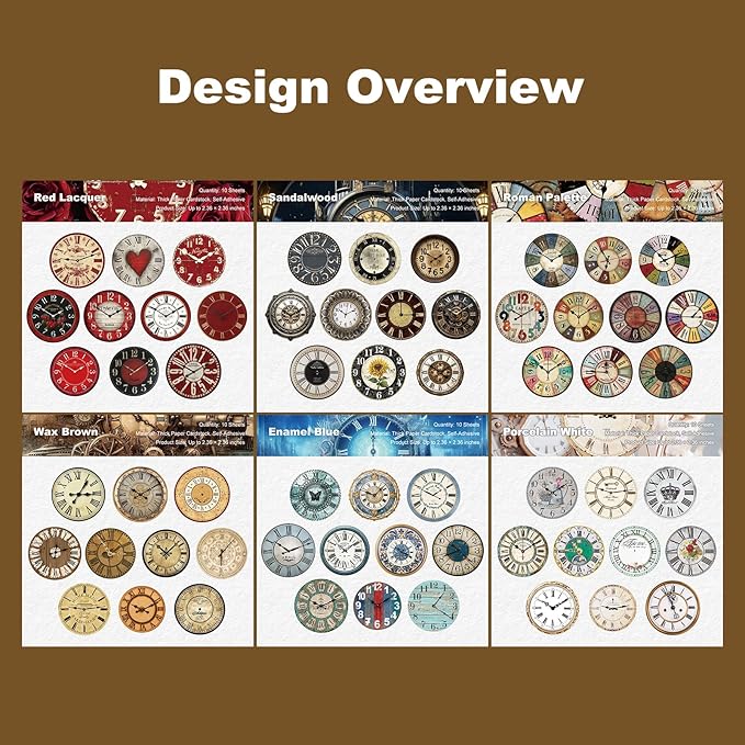 Vintage Time Dial Stickers – 60pcs Retro Clock Pattern Cardstock Stickers with Roman Numerals, Pre-Cut Self-Adhesive for Scrapbook, Junk Journal, Planner and DIY Collage